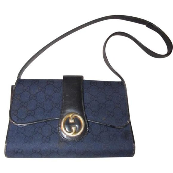 Gucci RARE BOHO Deep Blue 2-Way Clutch G Logo Print Canvas & Black Leather - Picture 1 of 12